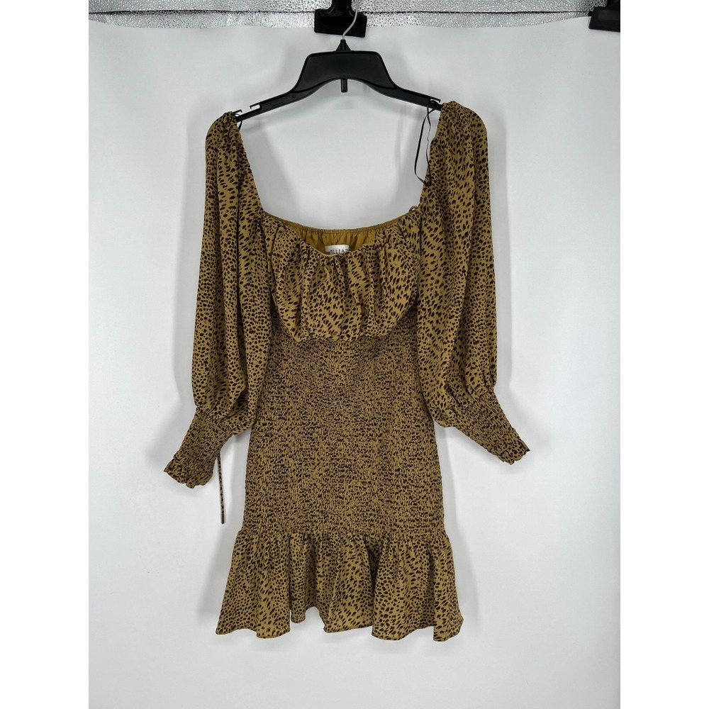 Free People by Elliat Romance Dress‎ Women S Mustard Black Leopard Print Smocked